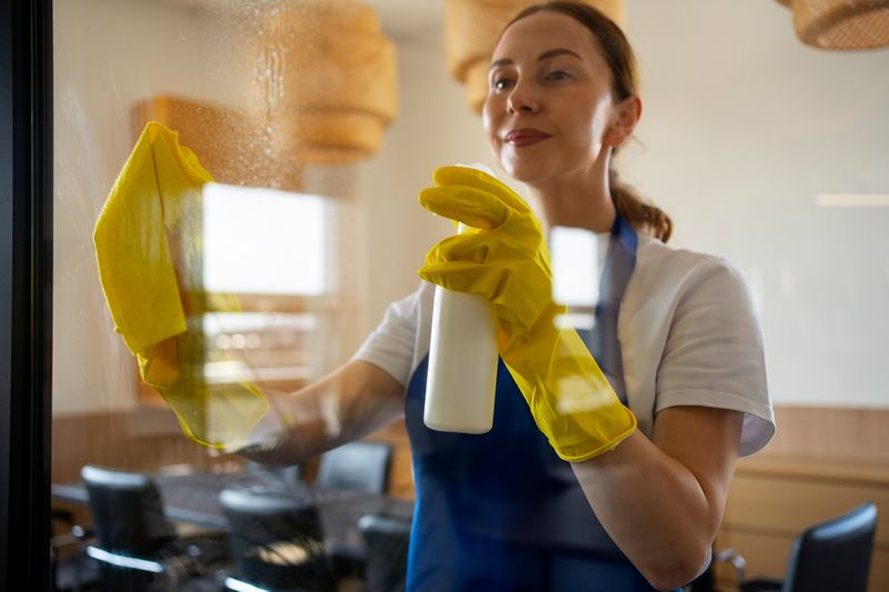 Cleaner polishing a glass partition